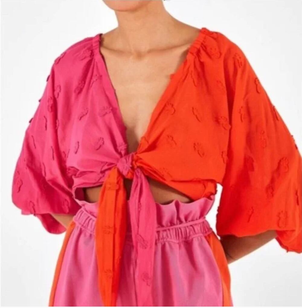 Farm Rio pink & red puff sleeve wrap blouse